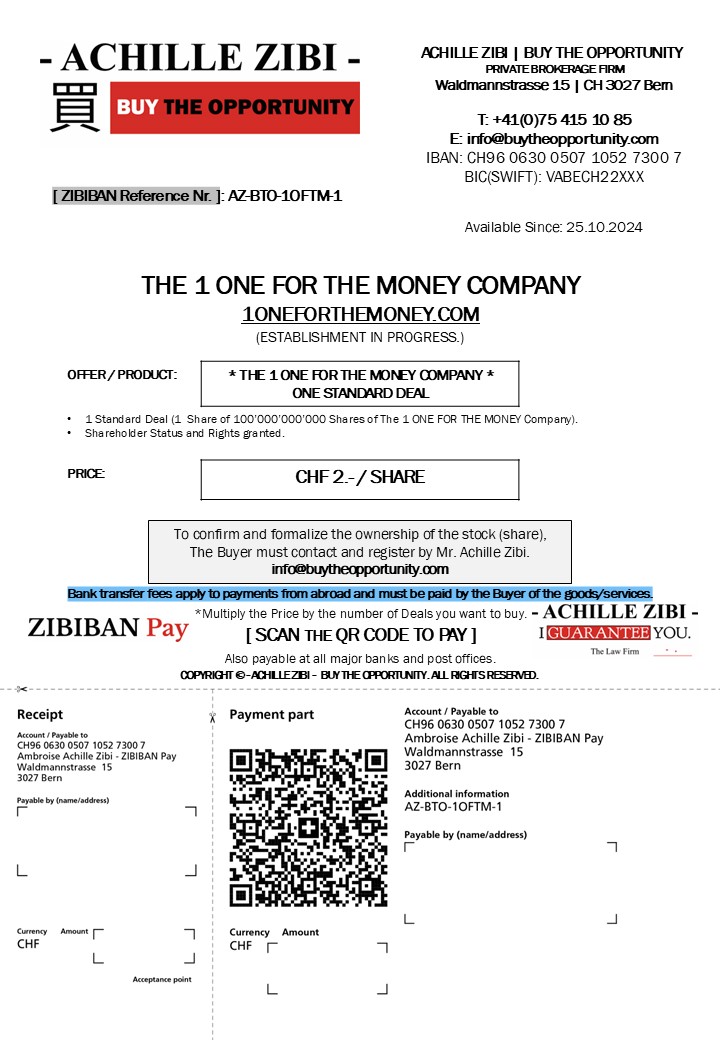 ACHILLE ZIBI - 1 ONE FOR THE MONEY - ONE STANDARD DEAL - QR BILL - CHF 2